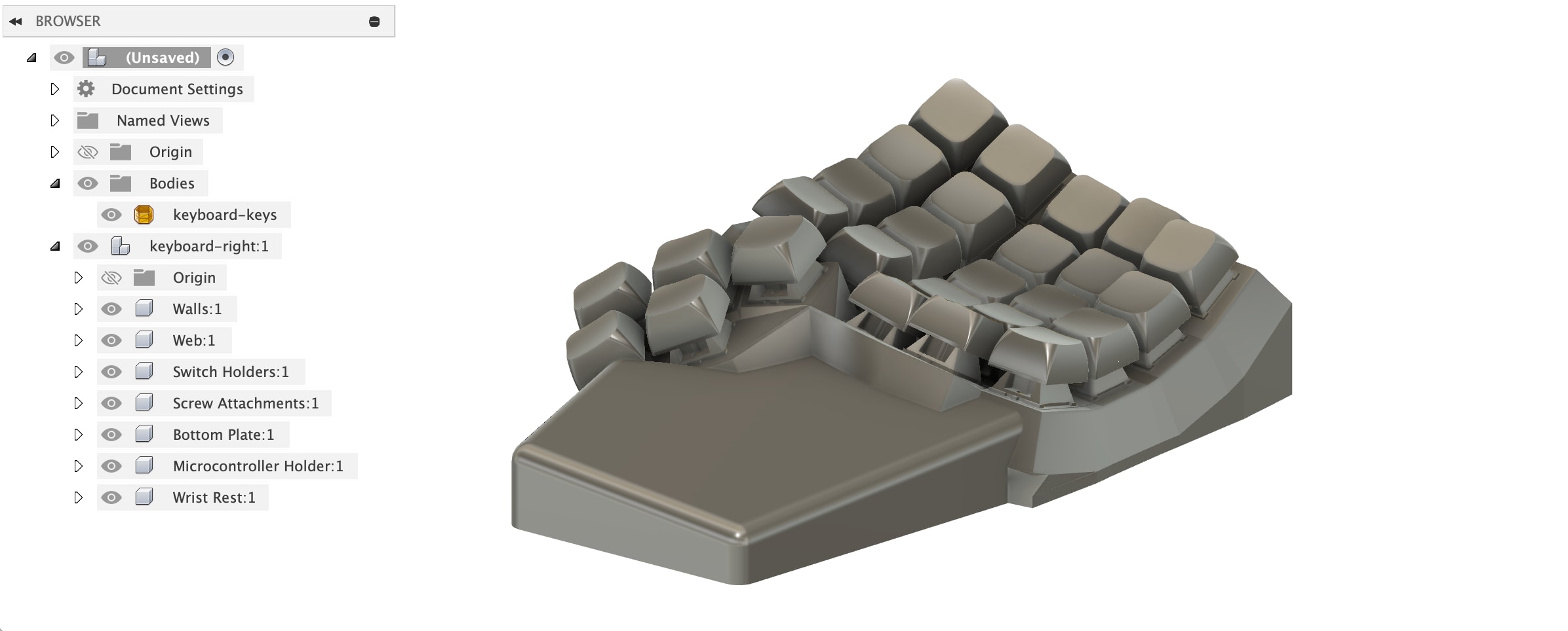 A keyboard with key and switch meshes in Fusion